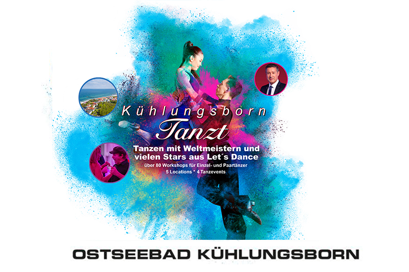 Werbung für ein Tanzevent in Kühlungsborn mit bunten Farben, Paar beim Tanzen und Informationen zu Workshops.