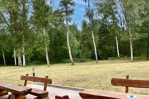 Holzbänke und Tische auf einer Terrasse mit Blick auf grüne Wiese und Bäume im Hintergrund.