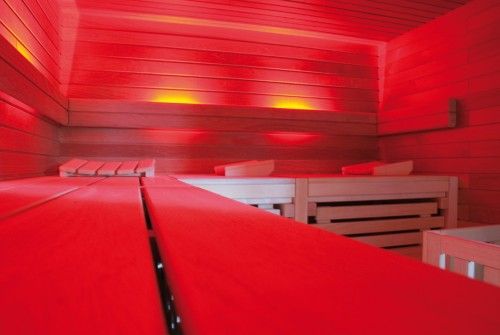 Innenansicht einer Sauna mit roten Holzwänden und Bänken